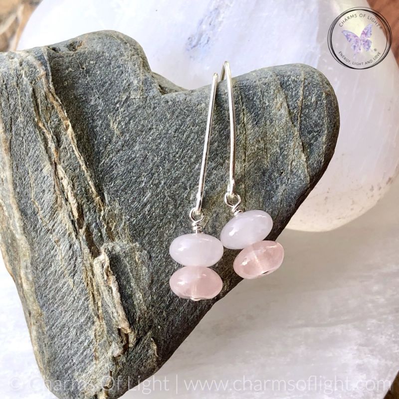 Rose Quartz Rondelle Silver Angled Earrings